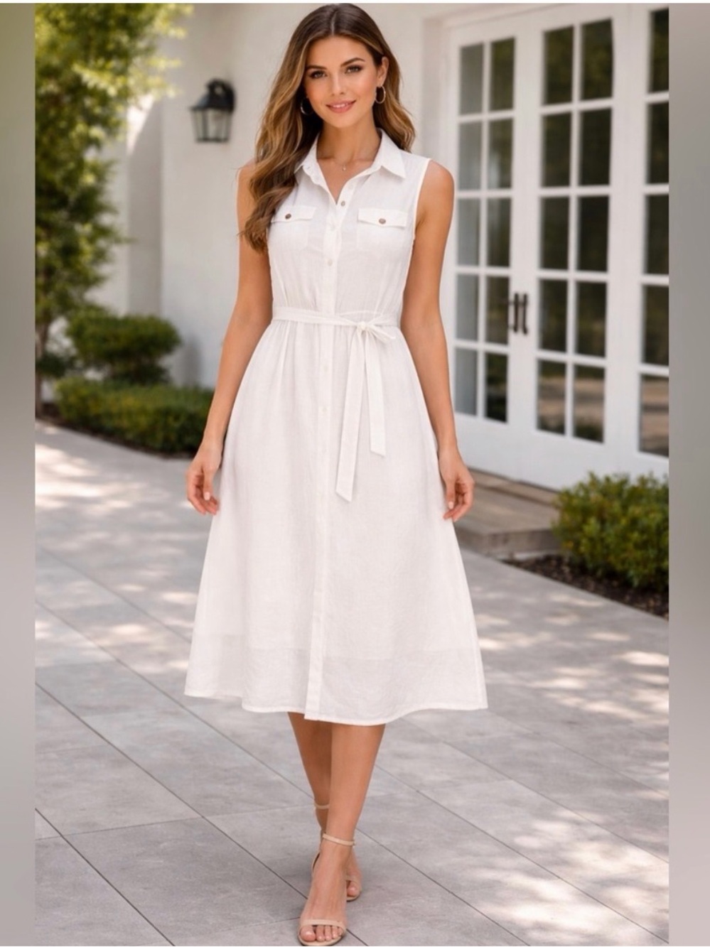 Luxology Sleeveless White Midi Shirt Dress with Waist Tie
